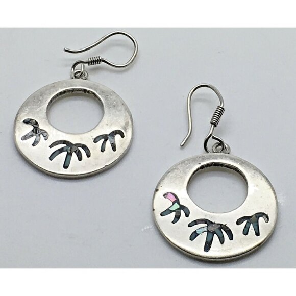 Taxco Sterling Silver Palm Tree Motif Earrings Inlay Chips Round Dangle TC 135 - Picture 1 of 3